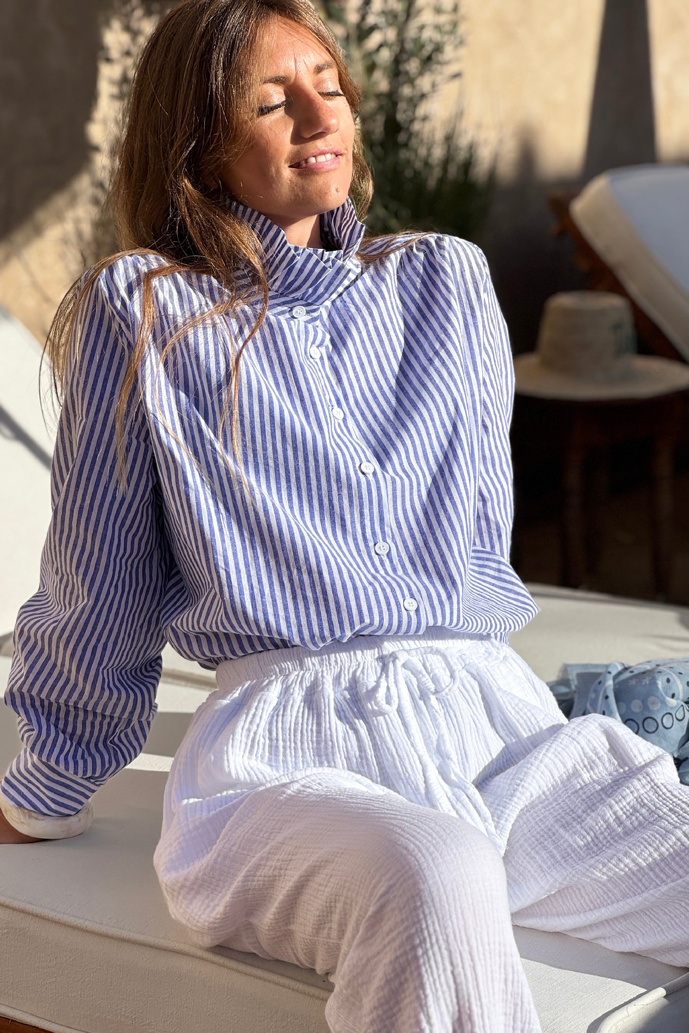 Blue Pinstripe Ruffle Collar Blouse