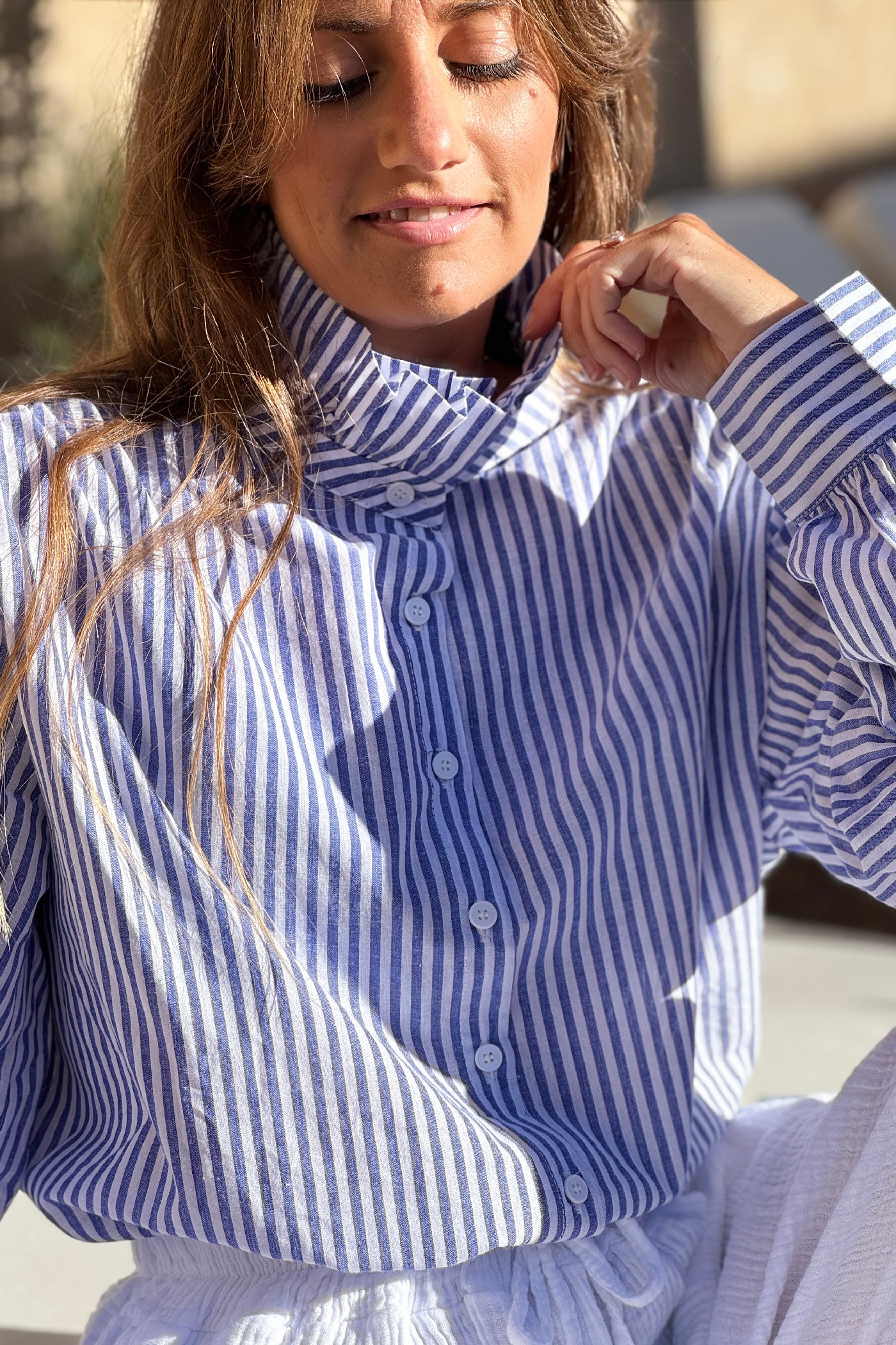 Blue Pinstripe Ruffle Collar Blouse