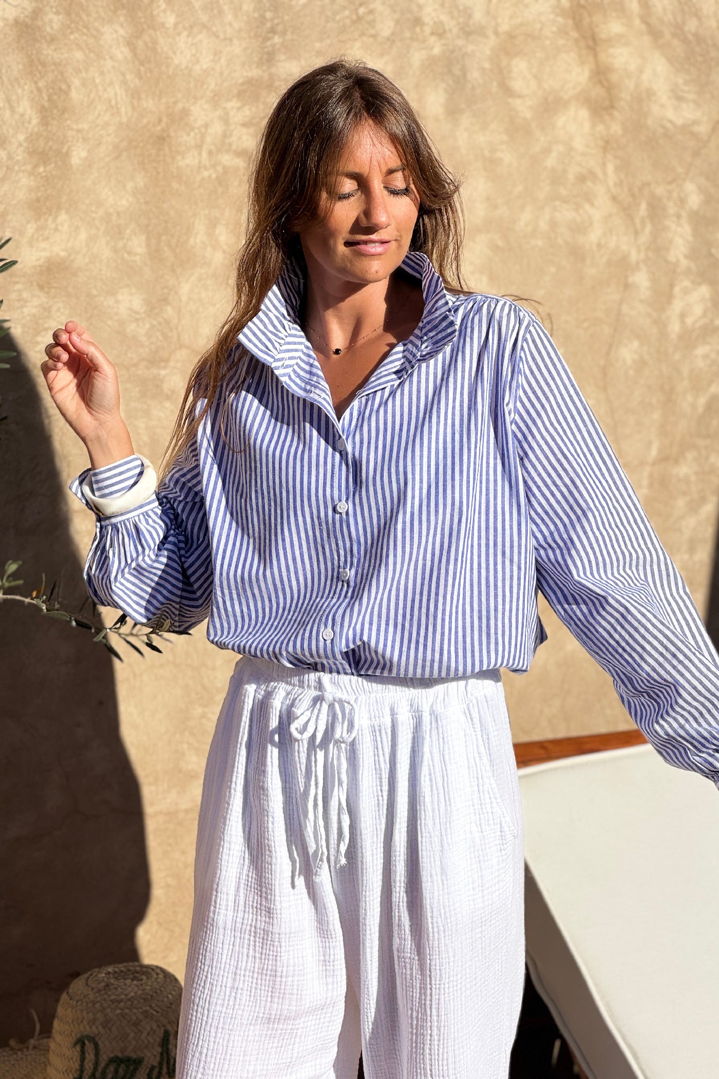 Blue Pinstripe Ruffle Collar Blouse