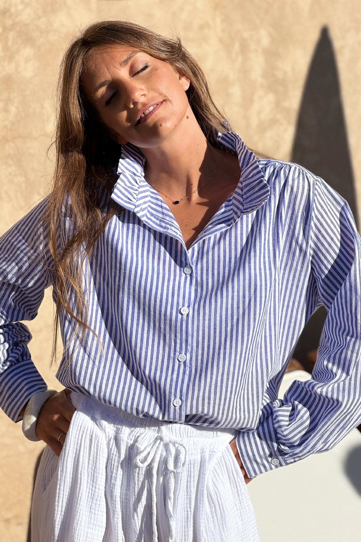 Blue Pinstripe Ruffle Collar Blouse