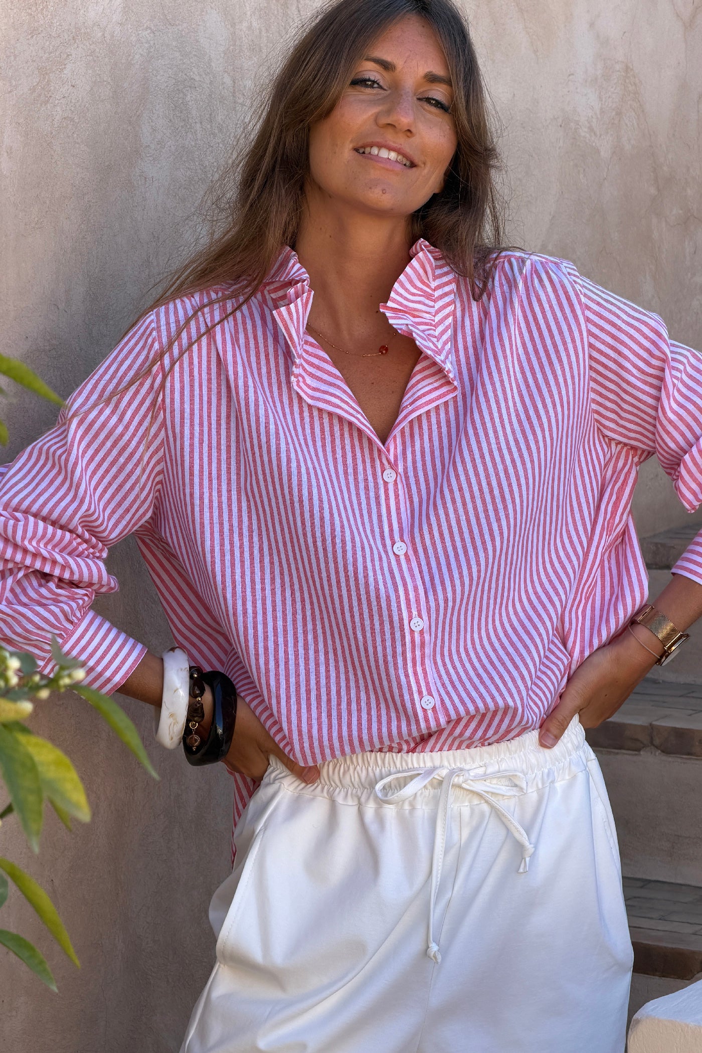 Pink Pinstripe Ruffle Collar Blouse