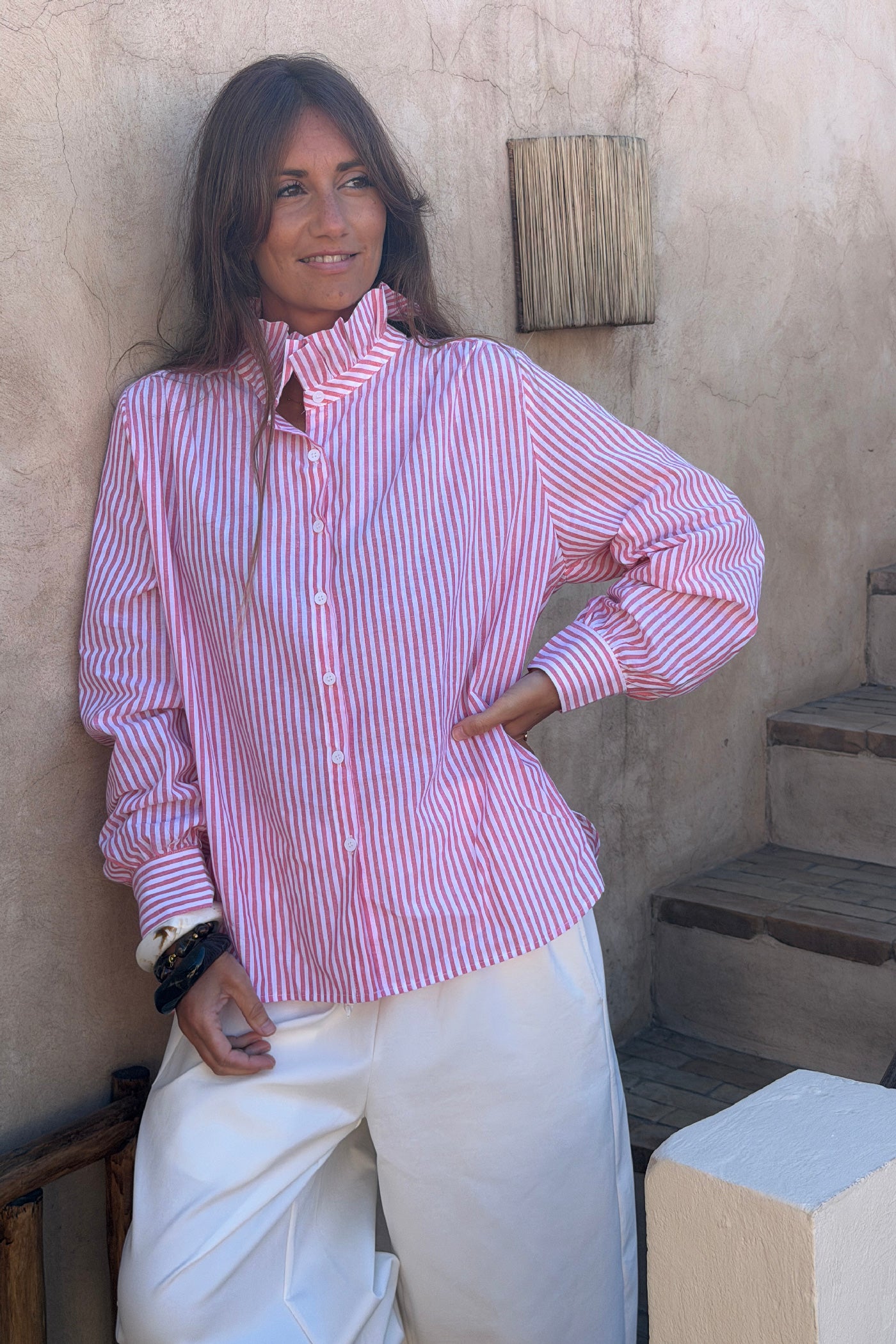 Pink Pinstripe Ruffle Collar Blouse
