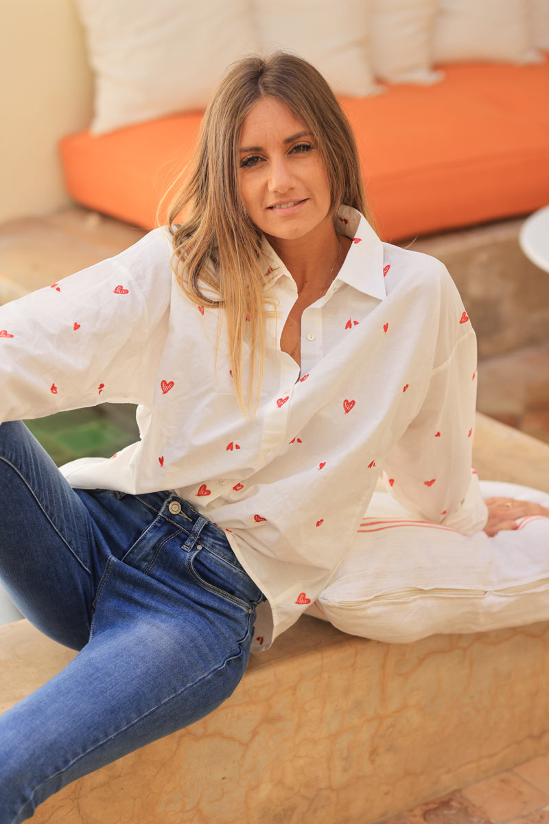 White cotton shirt with delicate red heart embroidery