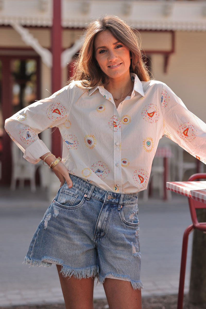 Chemise blanche en coton imprimé dessins oiseaux soleils