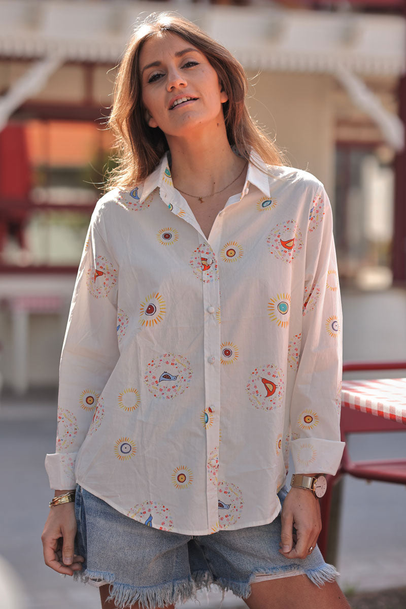 Chemise blanche en coton imprimé dessins oiseaux soleils