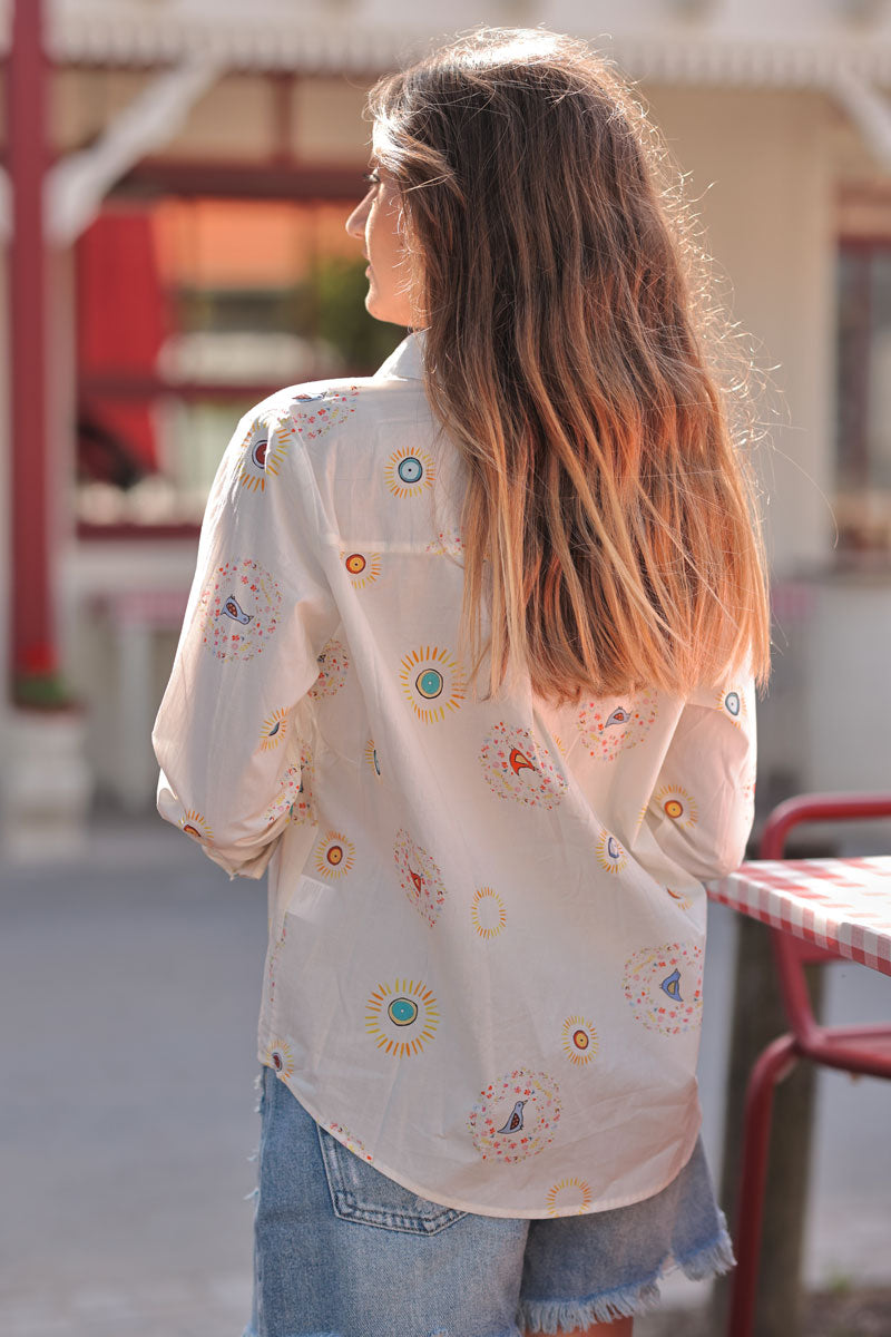 Chemise blanche en coton imprimé dessins oiseaux soleils
