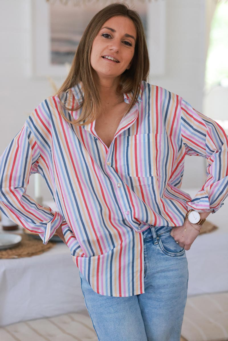 Chemise blanche en coton rayures verticales bleu rose orange