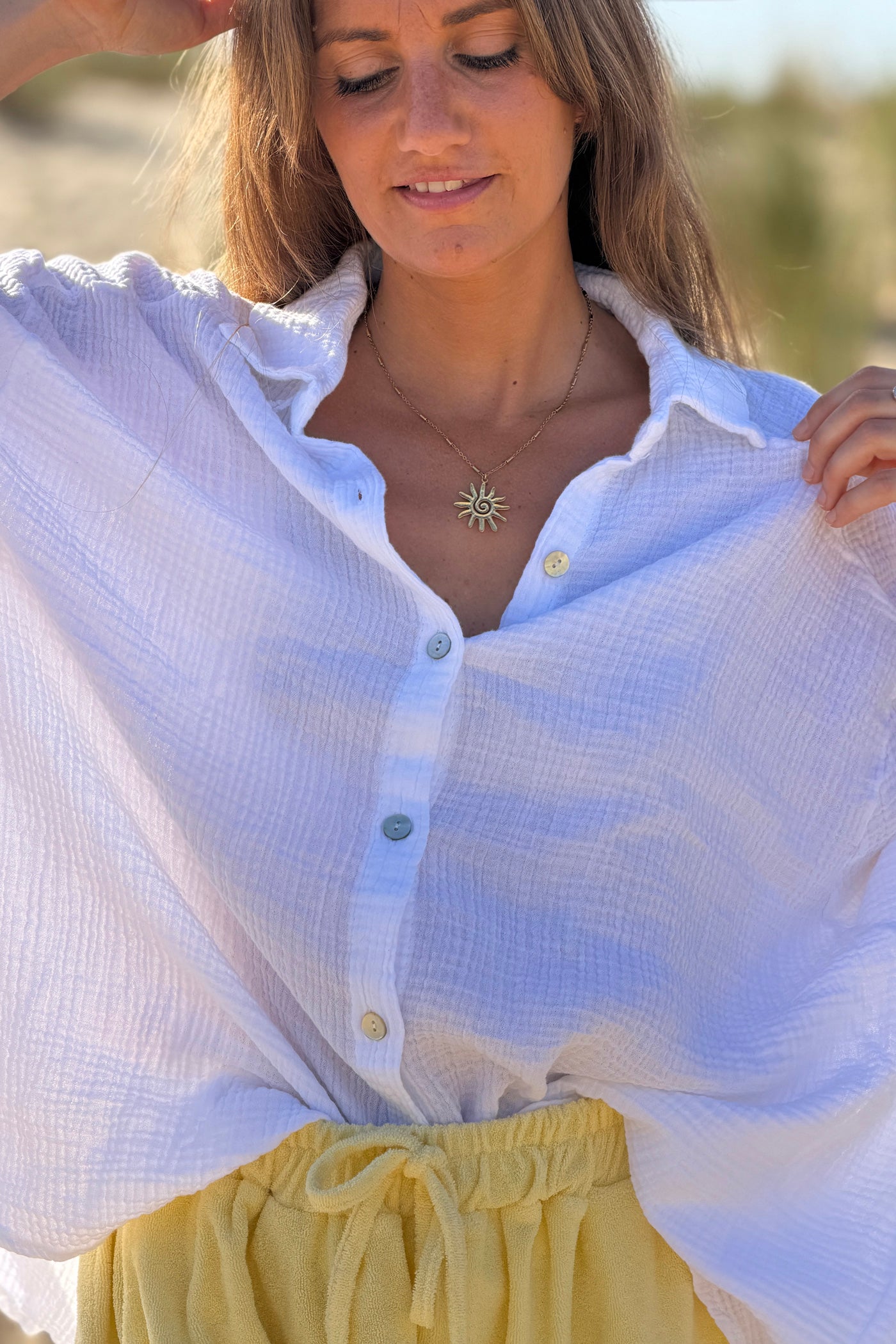 White “ICONIC” Crinkle Gauze Button-Down Top
