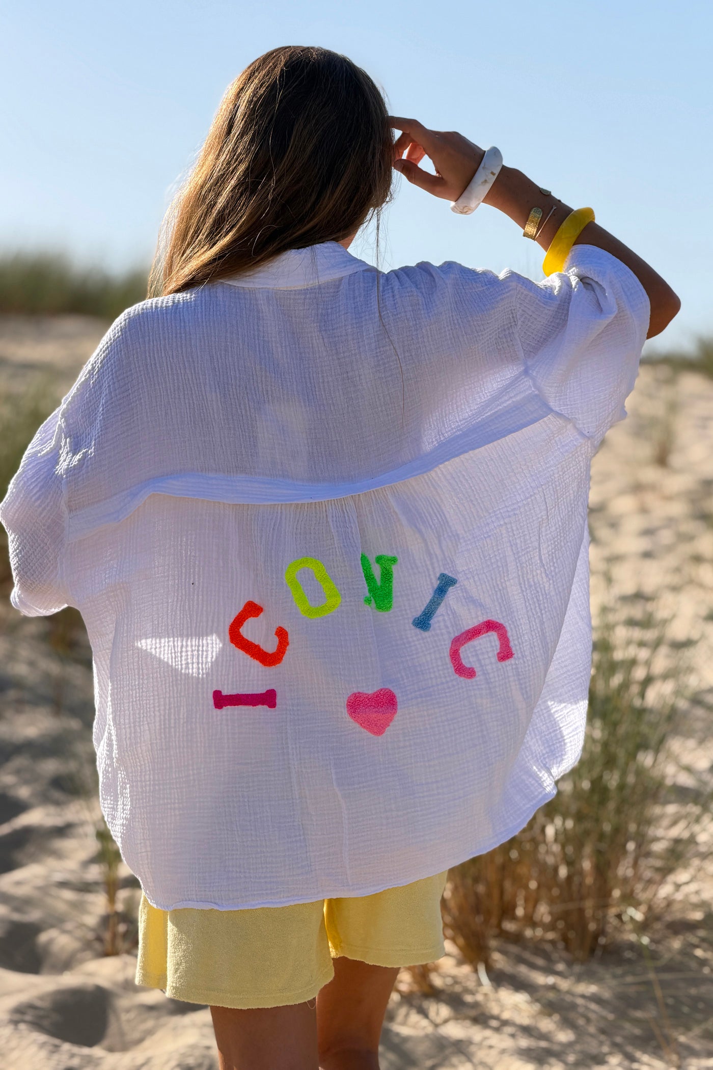 White “ICONIC” Crinkle Gauze Button-Down Top
