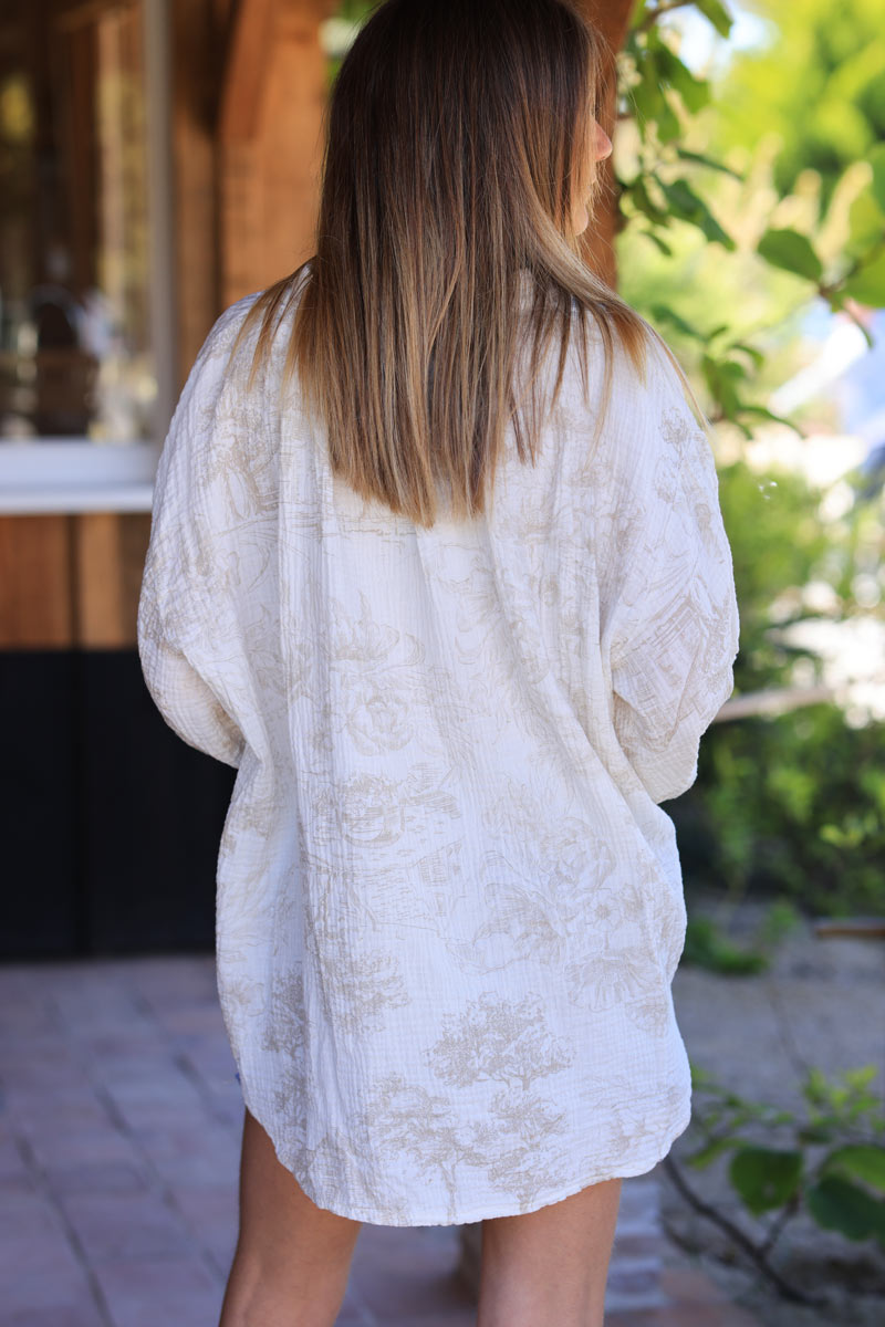 White crinkle cotton shirt with beige toile de jouy print