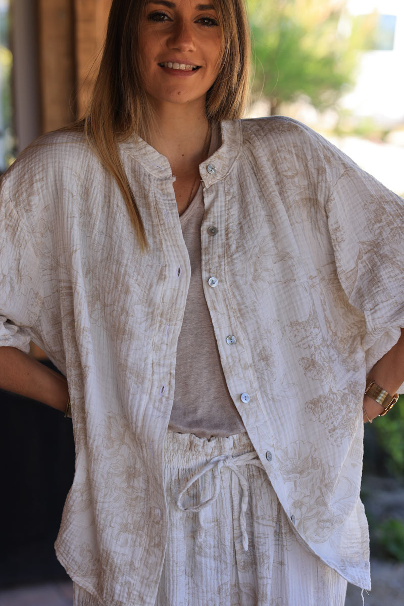 White crinkle cotton shirt with beige toile de jouy print