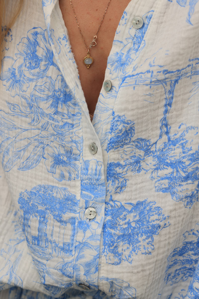 White crinkle cotton shirt with sky blue toile de jouy print