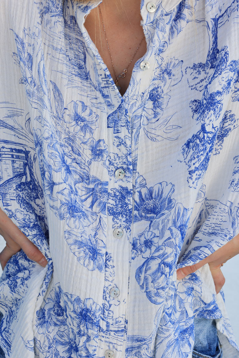 White crinkle cotton shirt with royal blue toile de jouy print