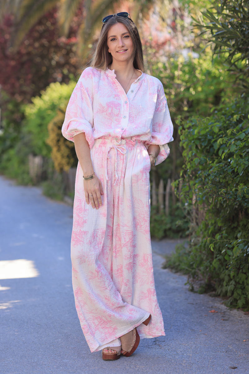 White crinkle cotton shirt with pink toile de jouy print