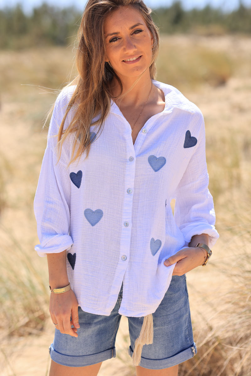 White crinkle cotton blouse with blue embroidered hearts
