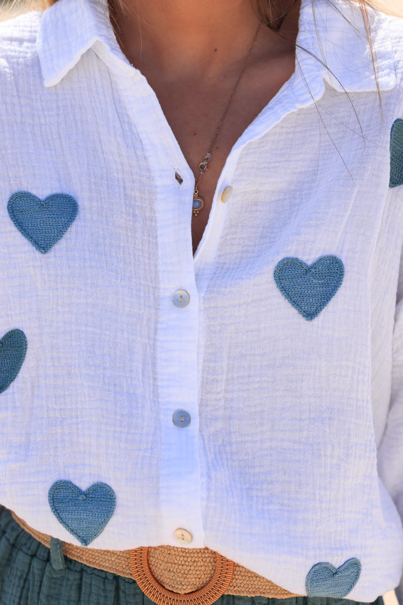 White crinkle cotton blouse with celadon green embroidered hearts