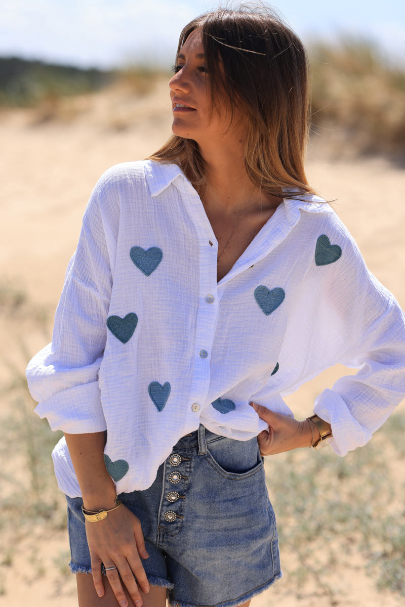 White crinkle cotton blouse with celadon green embroidered hearts