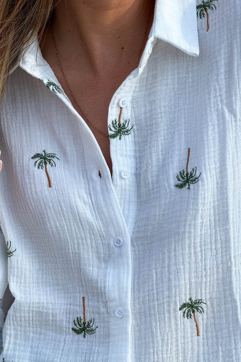 White Gauze Embroidered Palm Button-Down Shirt