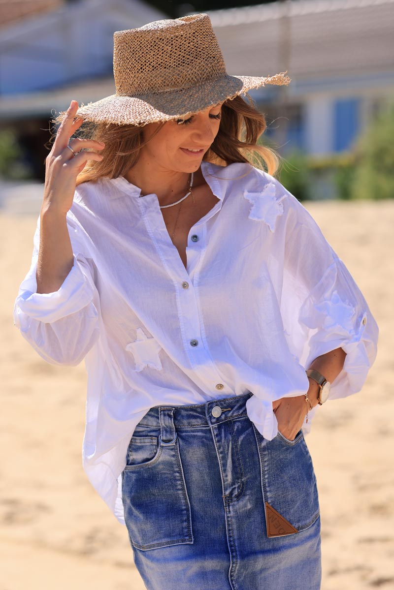 White lightweight cotton shirt with distressed denim star embroidery