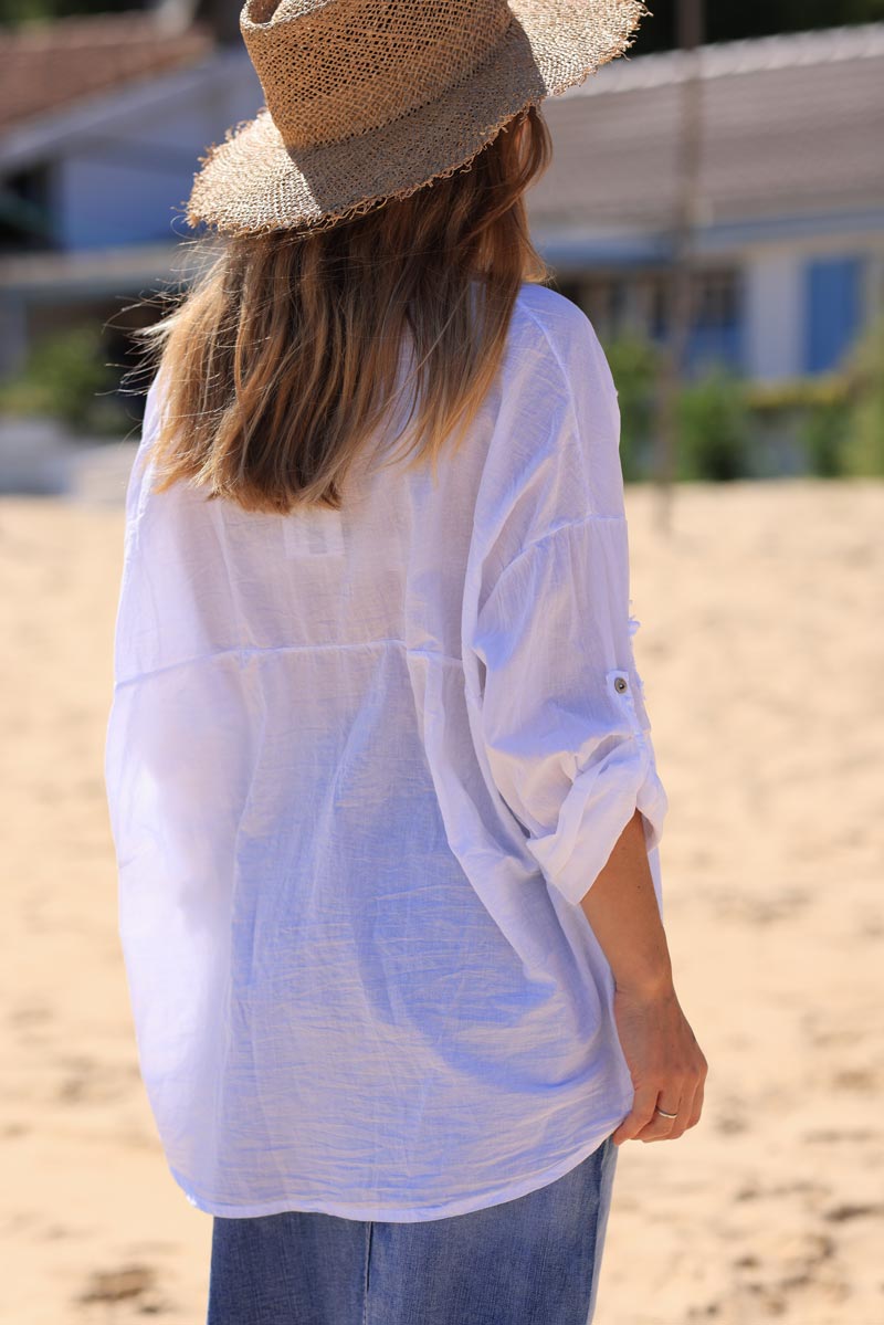 White lightweight cotton shirt with distressed denim star embroidery