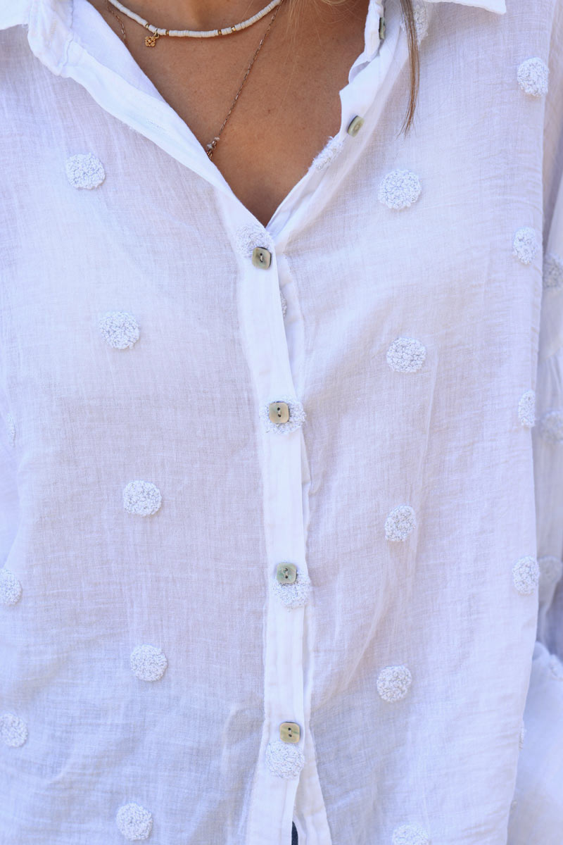 Chemise blanche en voile de coton broderie pois brillant