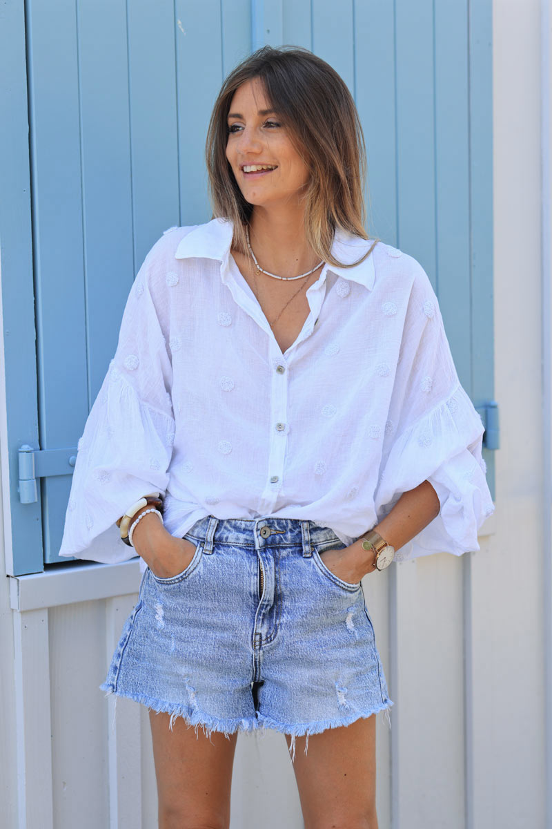 White floaty shirt with silver dots in boucle