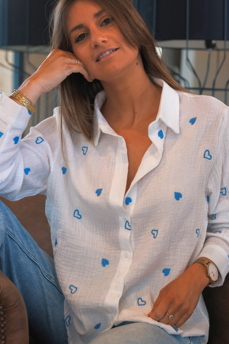 White Cotton Gauze Blue Embroidered Hearts Blouse