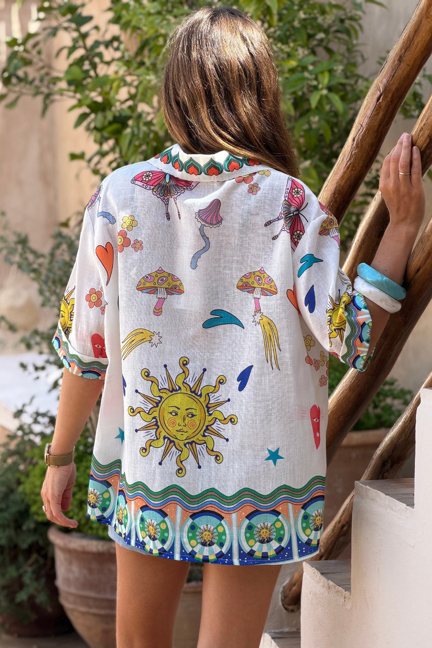 White Psychedelic Sun Button-Down Blouse