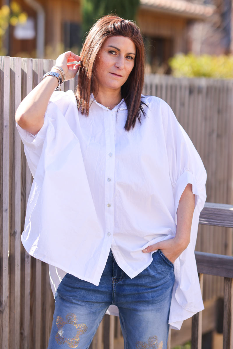 White oversized shirt with batwing 3/4 length sleeves