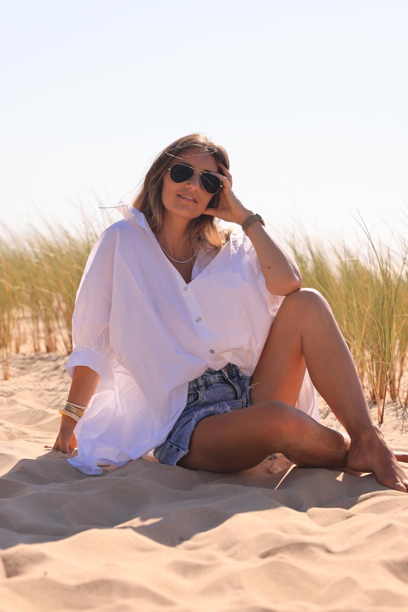 White oversized shirt with batwing 3/4 length sleeves