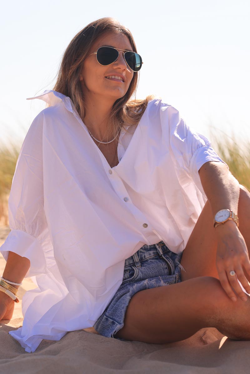 White oversized shirt with batwing 3/4 length sleeves