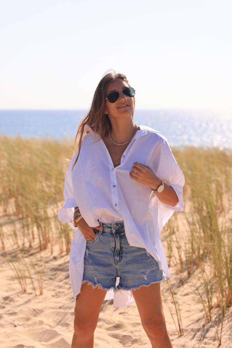 White oversized shirt with batwing 3/4 length sleeves