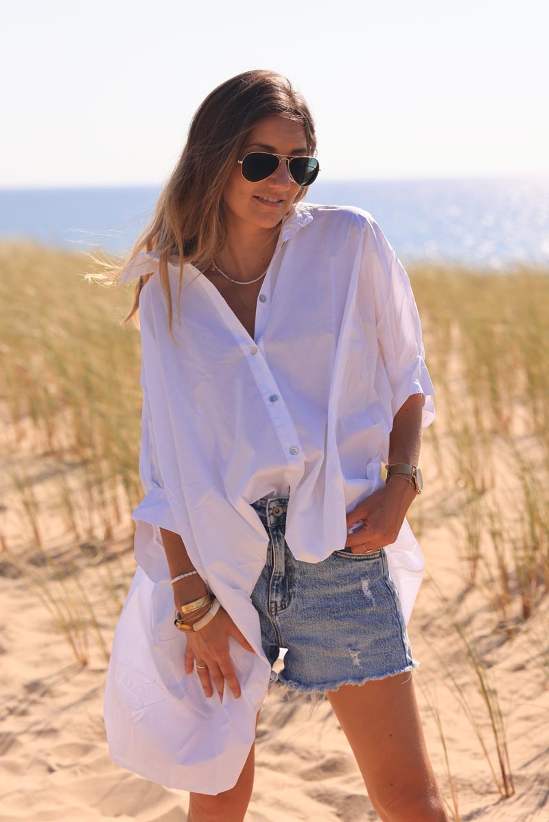 White oversized shirt with batwing 3/4 length sleeves