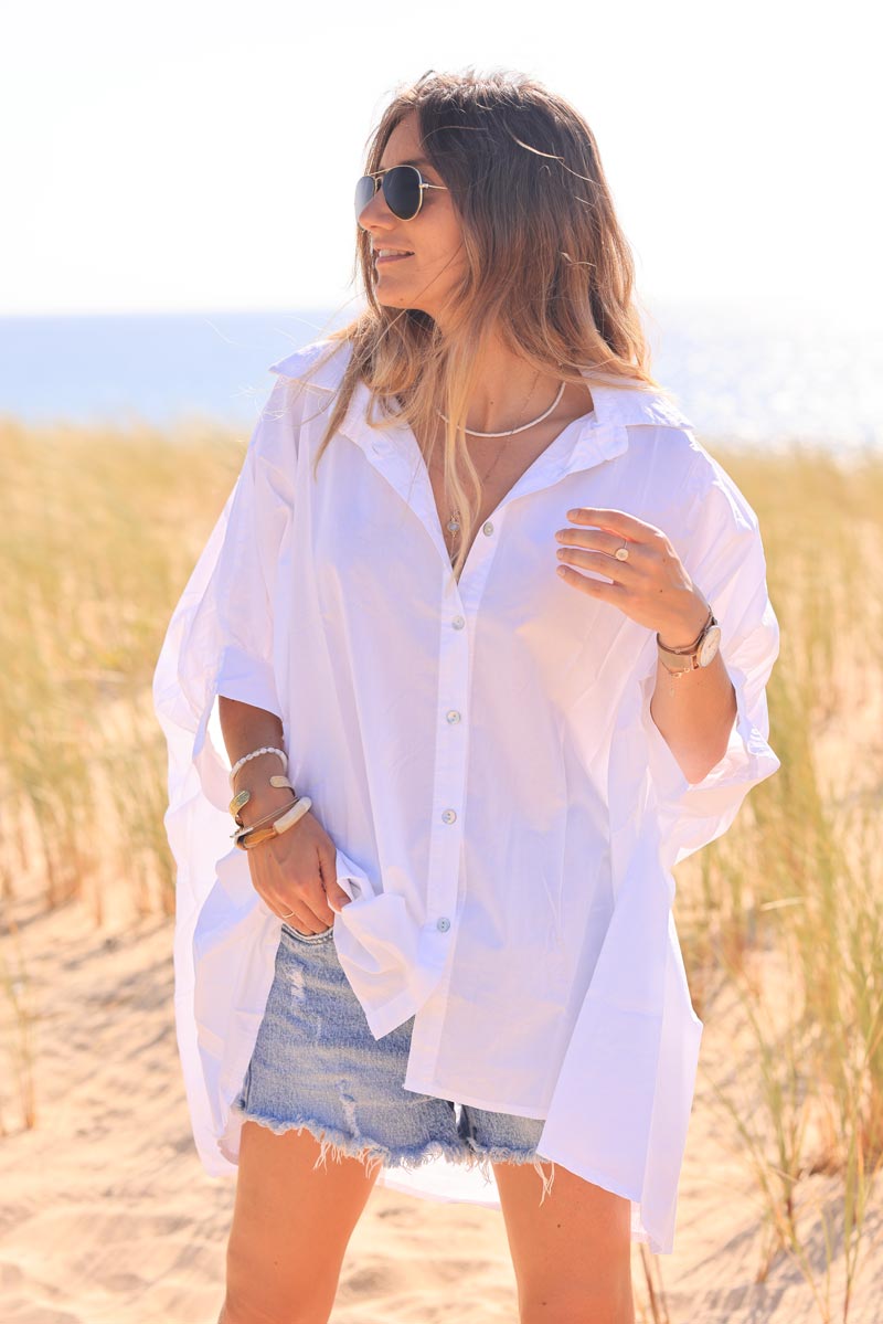 White oversized shirt with batwing 3/4 length sleeves