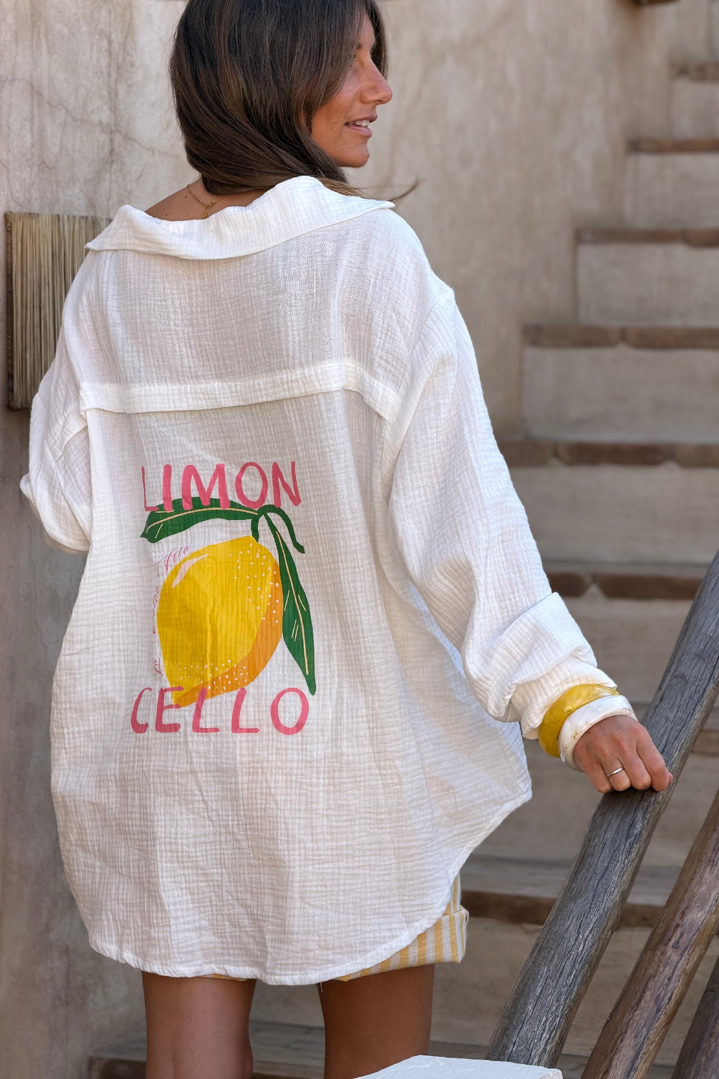 Chemise blanche large en gaze de coton Limoncello citrons au dos