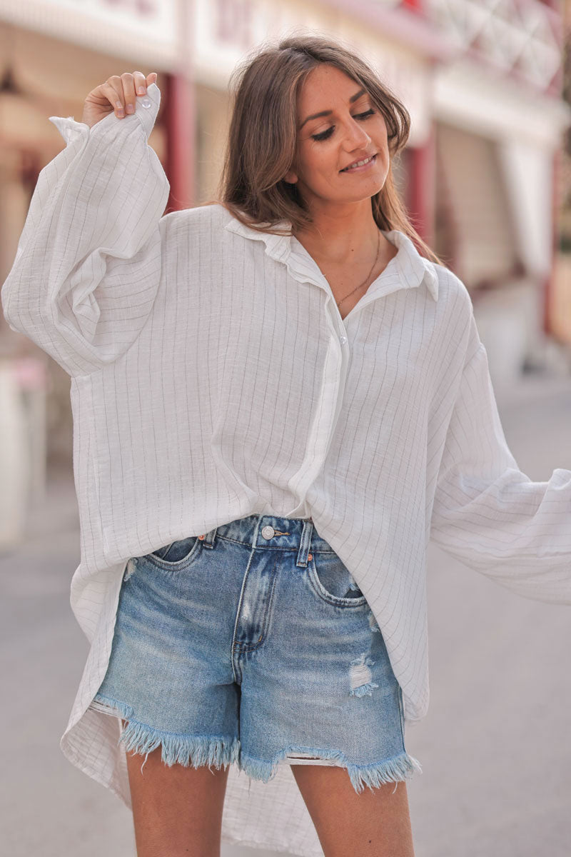 White Linen Blend Button-Down Blouse