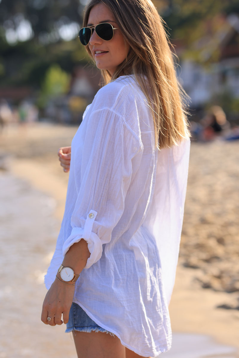 White floaty cotton shirt with mother of pearl buttons