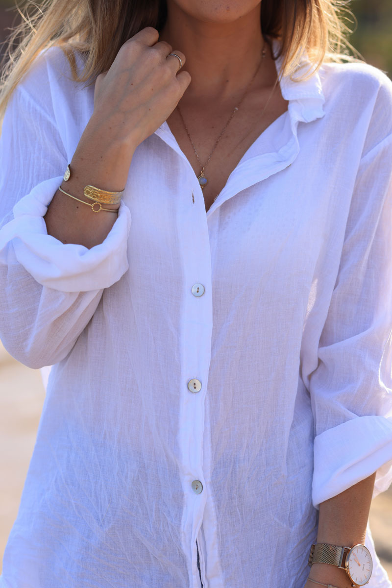 White floaty cotton shirt with mother of pearl buttons