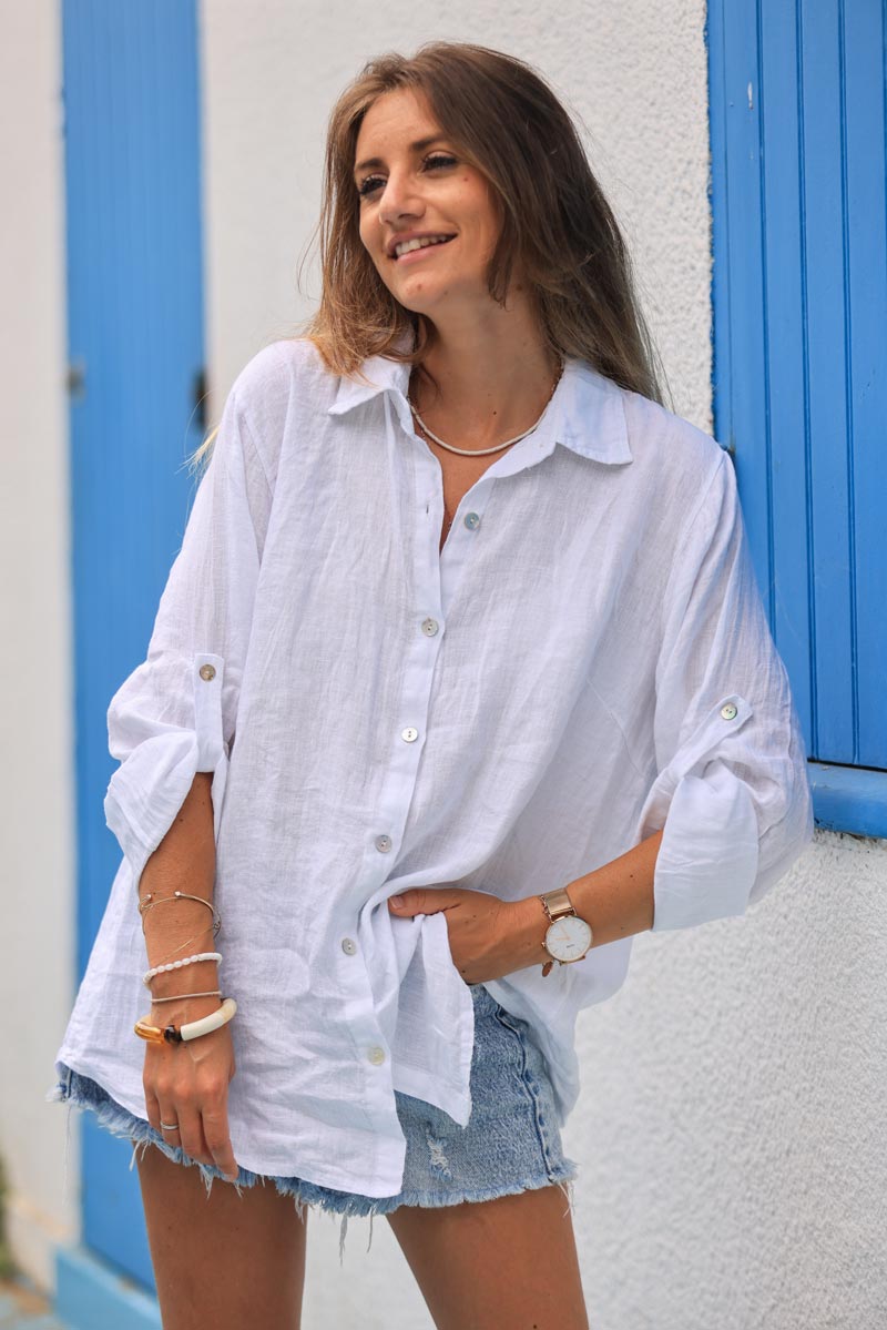 Chemise blanche en lin boutons nacres