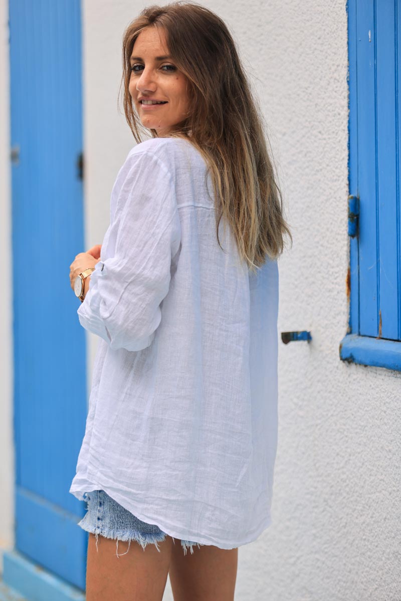 Chemise blanche en lin boutons nacres