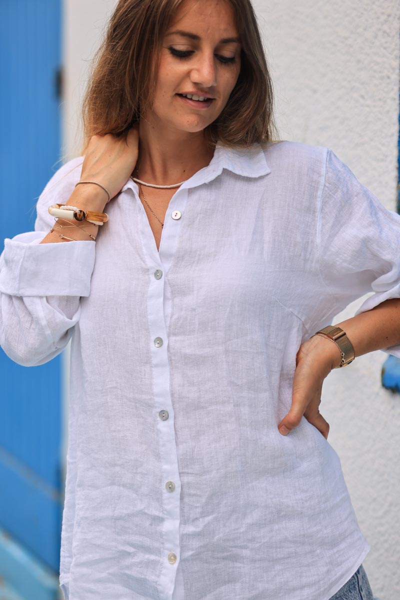 Chemise blanche en lin boutons nacres