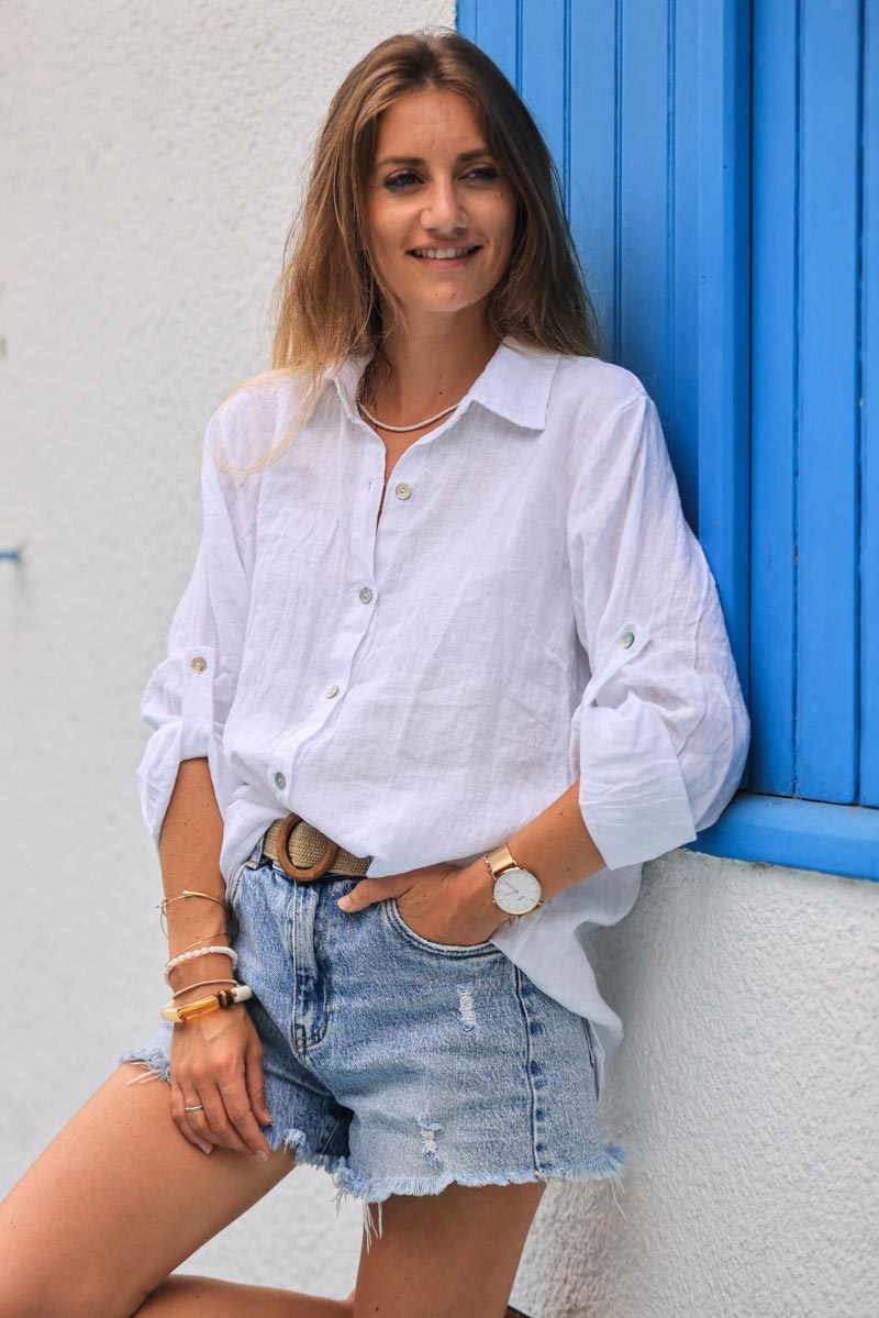 Chemise blanche en lin boutons nacres