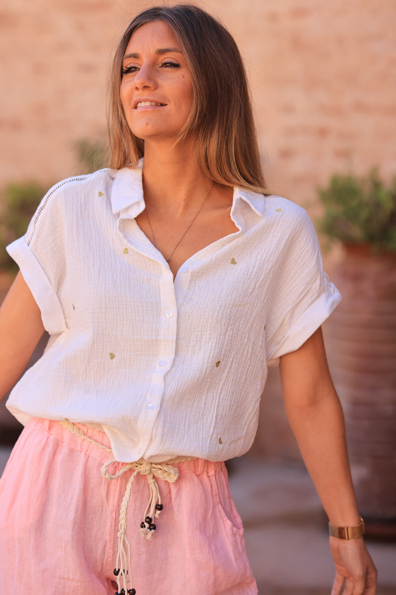White crinkle cotton short sleeve shirt with embroidered hearts