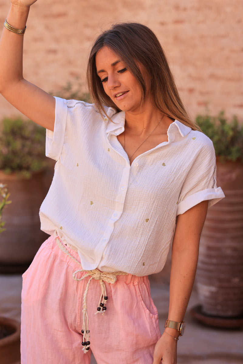 White crinkle cotton short sleeve shirt with embroidered hearts