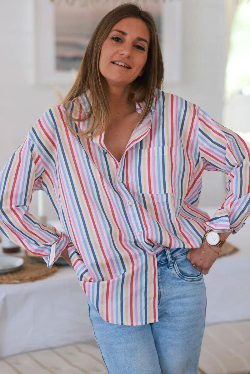 Chemise blanche en coton rayures verticales bleu rose orange