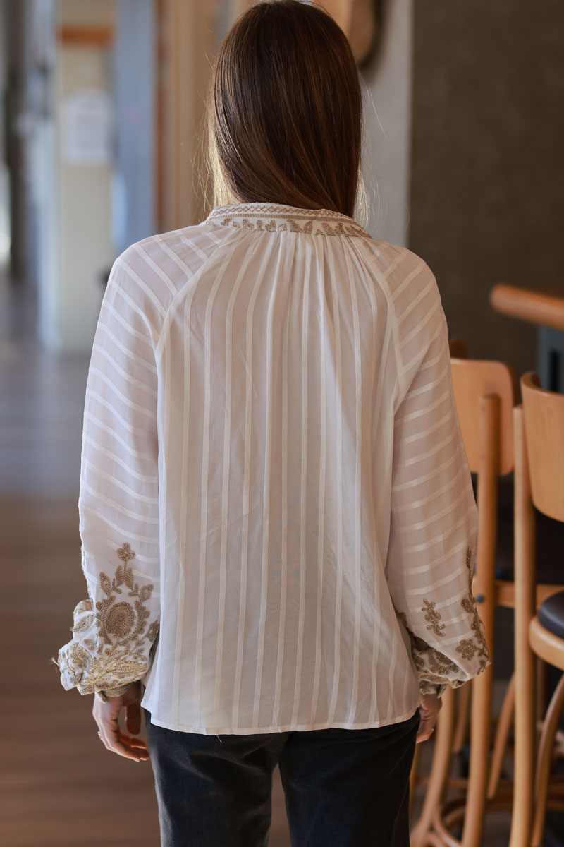 Cream Stripe Embroidered Elizabethan Blouse