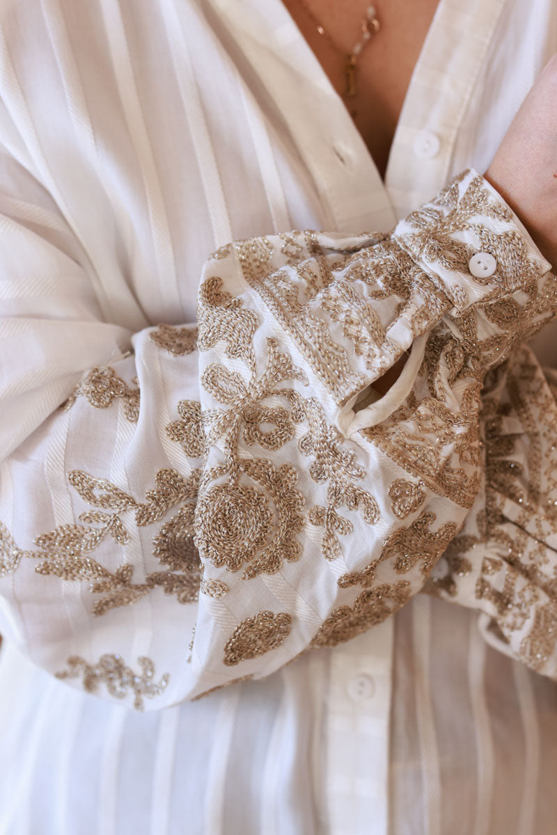 Cream Stripe Embroidered Elizabethan Blouse