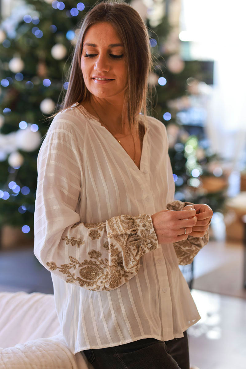 Cream Stripe Embroidered Elizabethan Blouse