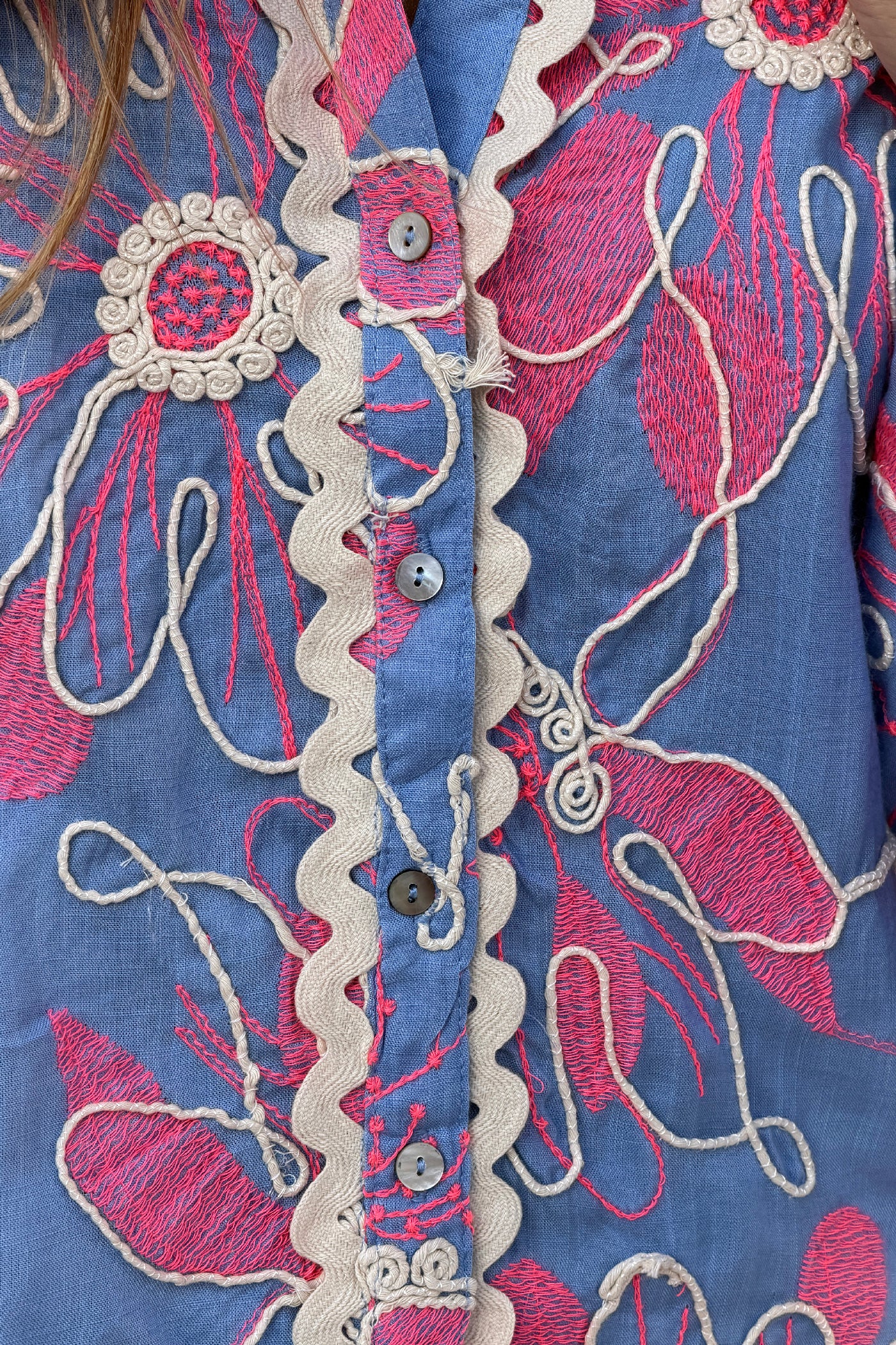 Chambray Floral Fantasy Embroidered Blouse