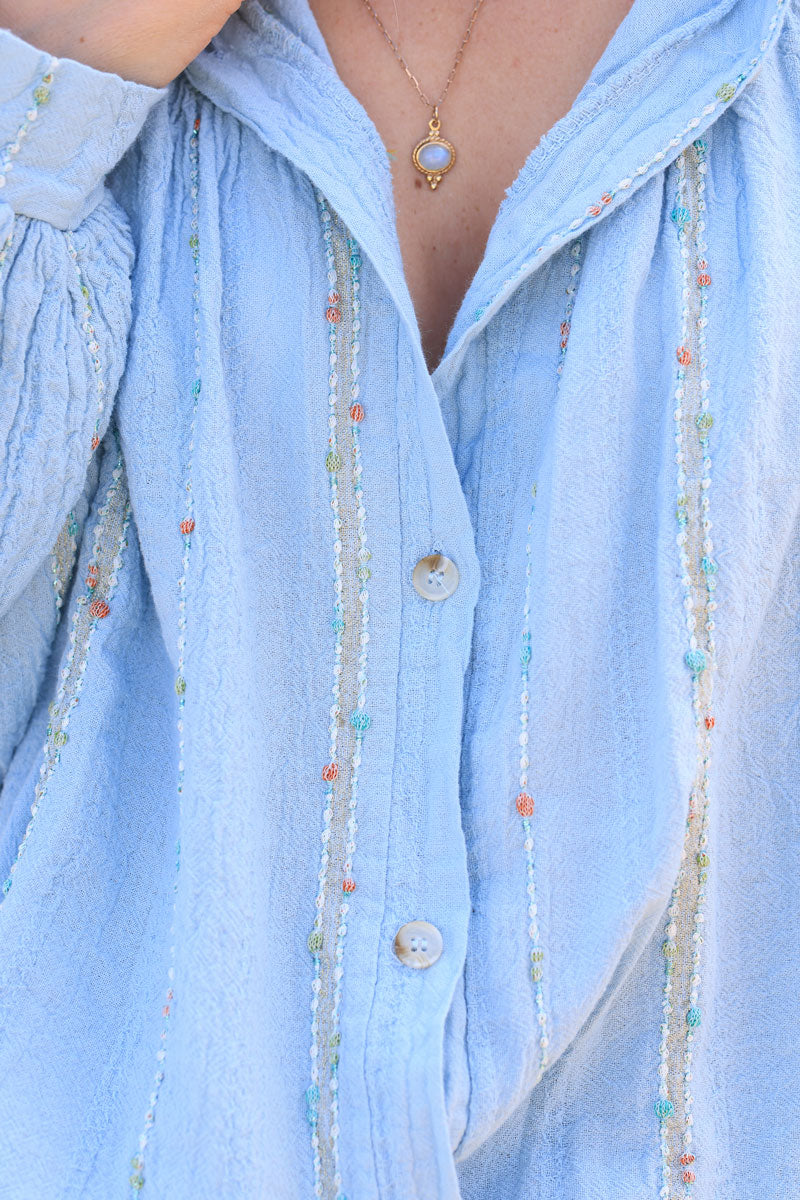 Sky blue woven cotton shirt with gold and colored threads